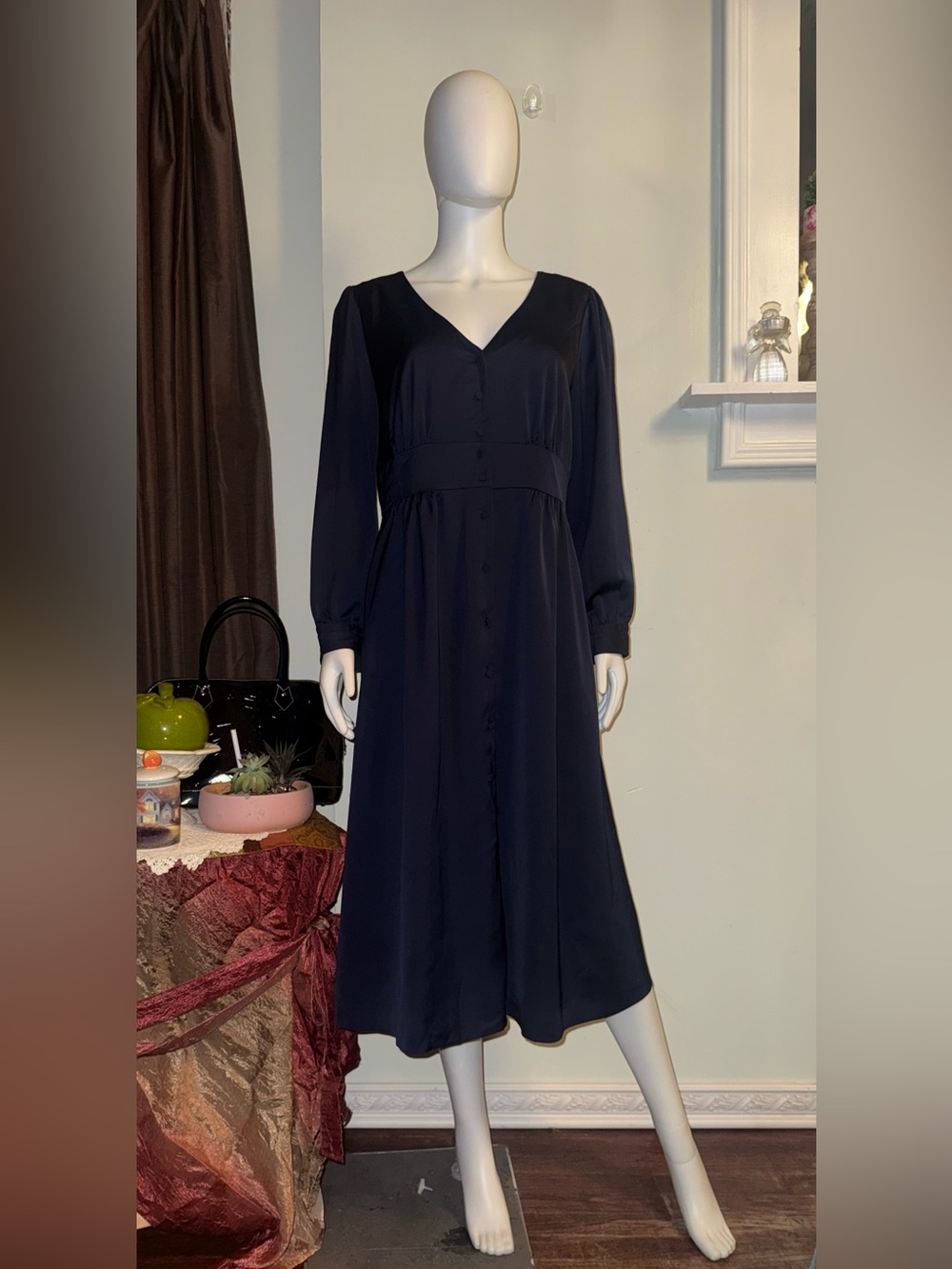 J. Crew Navy V-Neck Long Sleeve Midi Dress